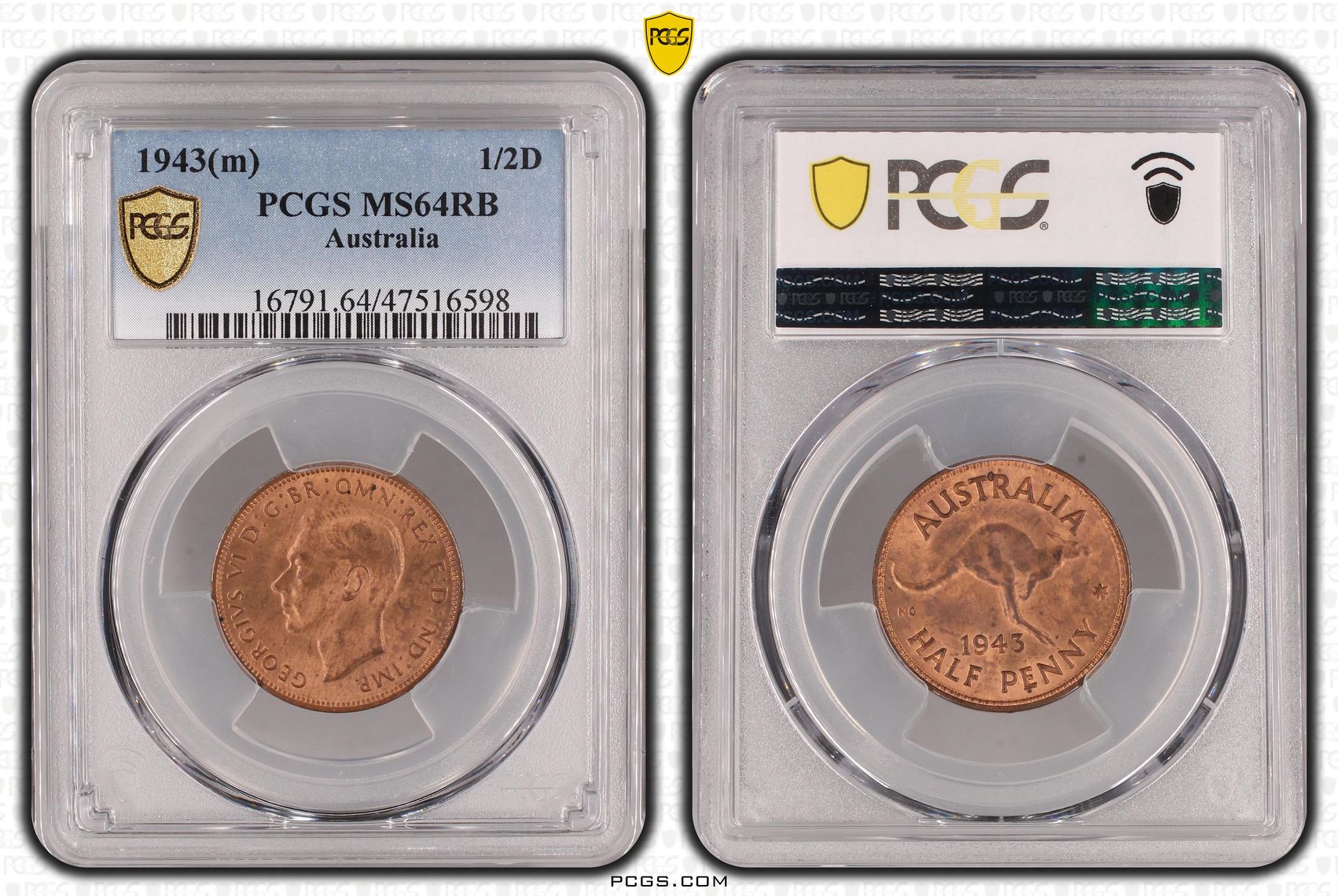 George VI, Halfpenny, 1943, PCGS MS64RB