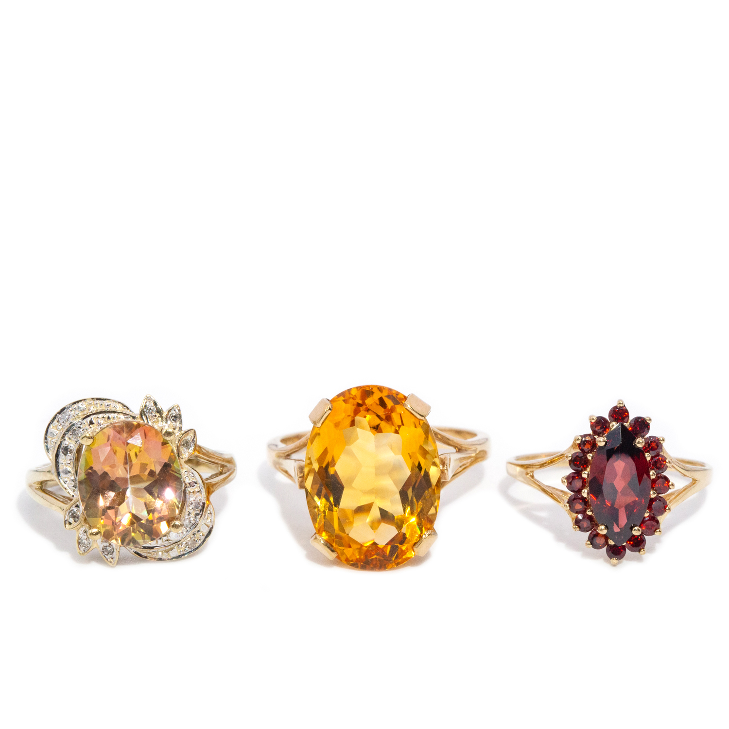 9ct Gold Ring Trio: Citrine, Topaz & Garnet Halo