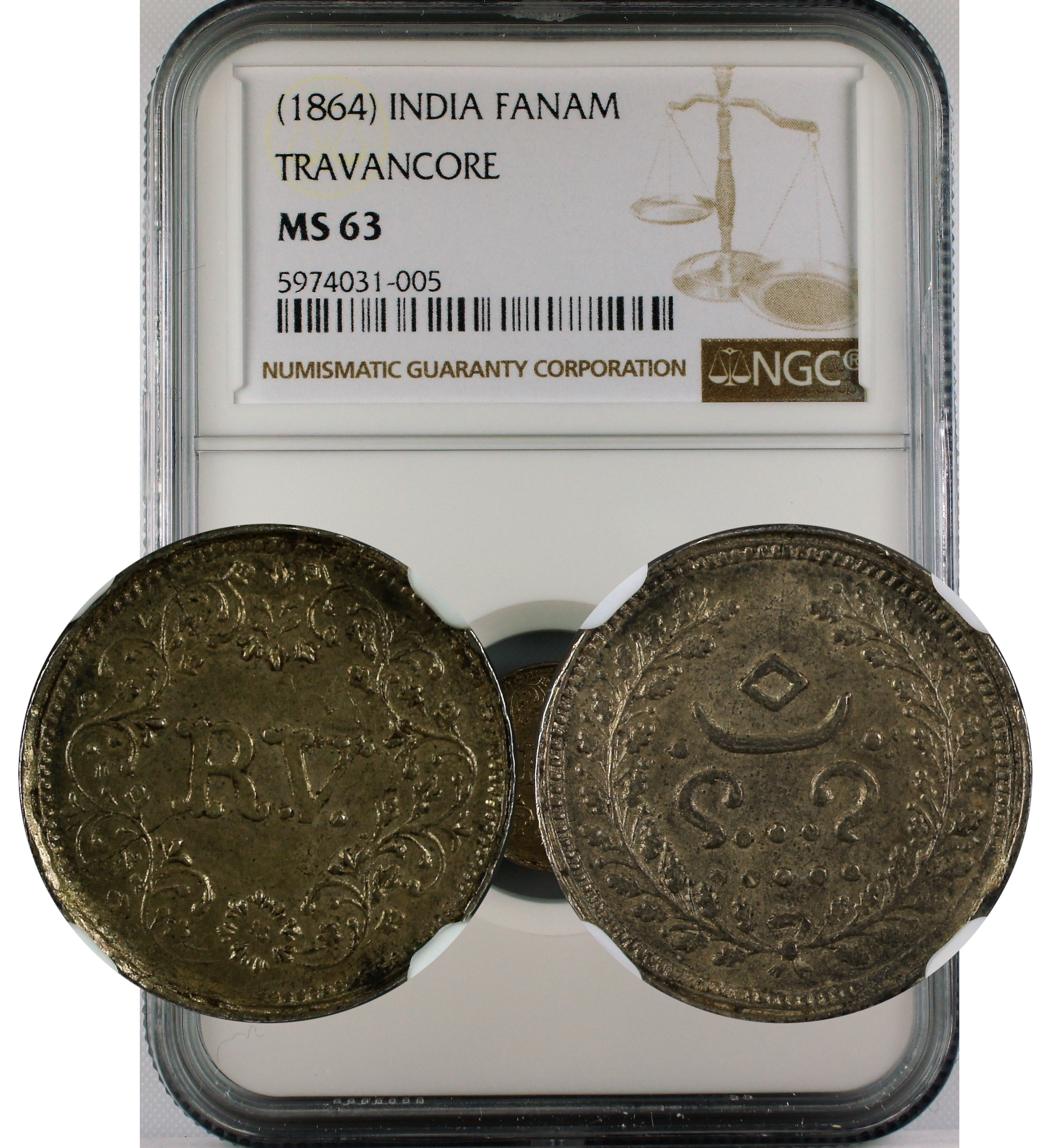 1864 INDIA FANAM TRAVANCORE MS63