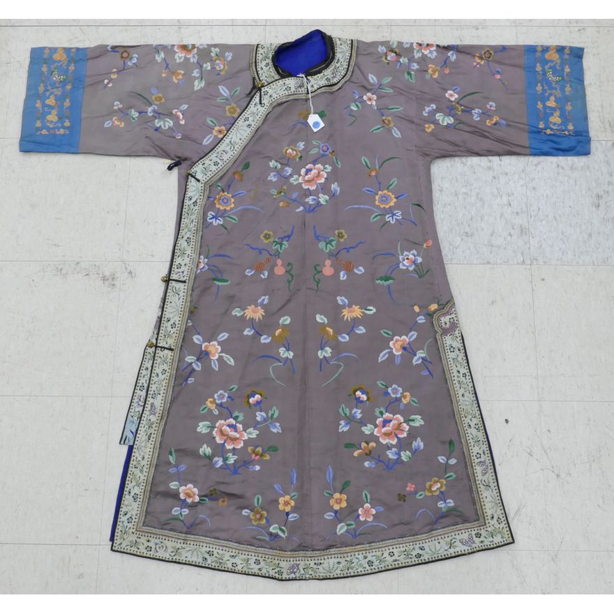 Old Chinese Silk Embroidered Floral Robe 50''x52''