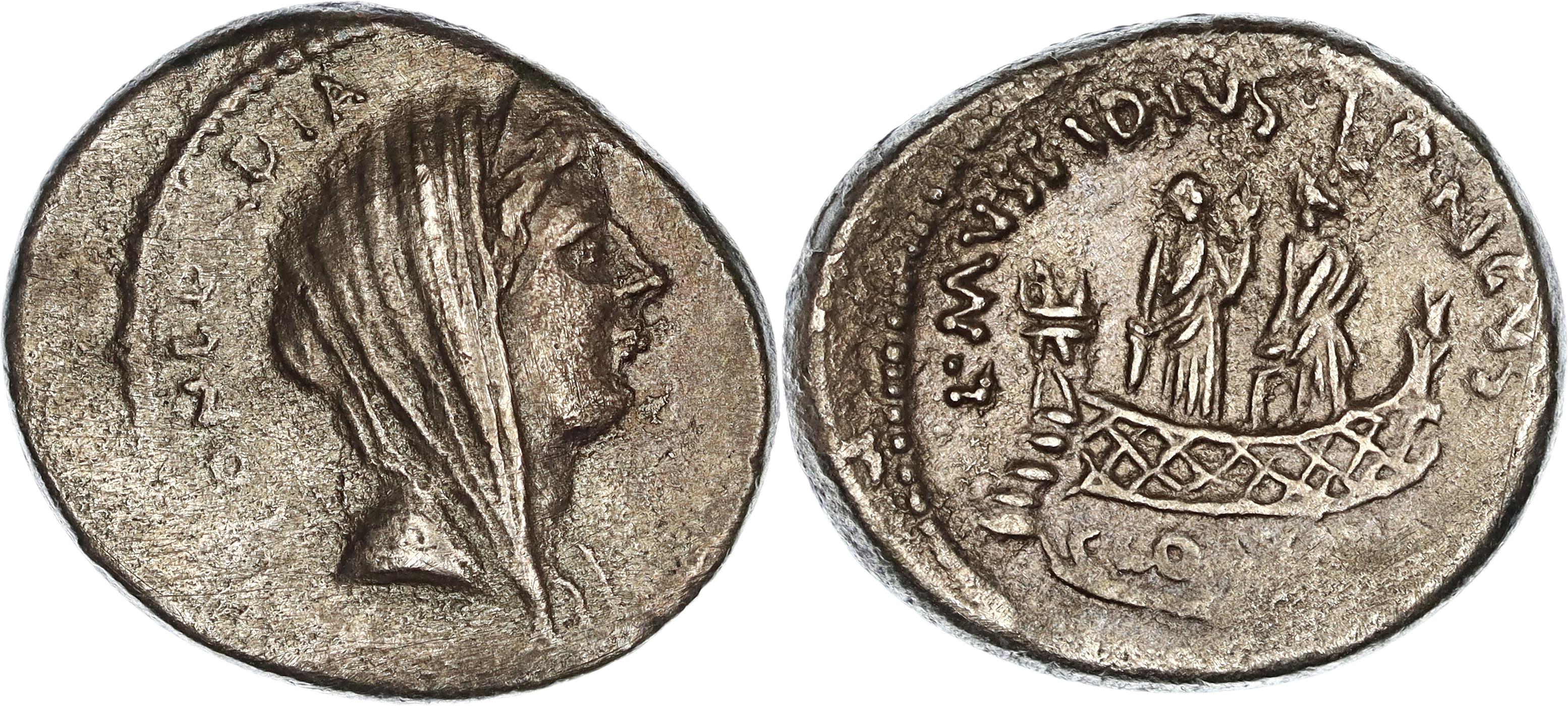 Roman Republic, Imperatorial Period, L. Mussidius T.f. Longus, Silver Denarius, 42 BC, gF-VF
