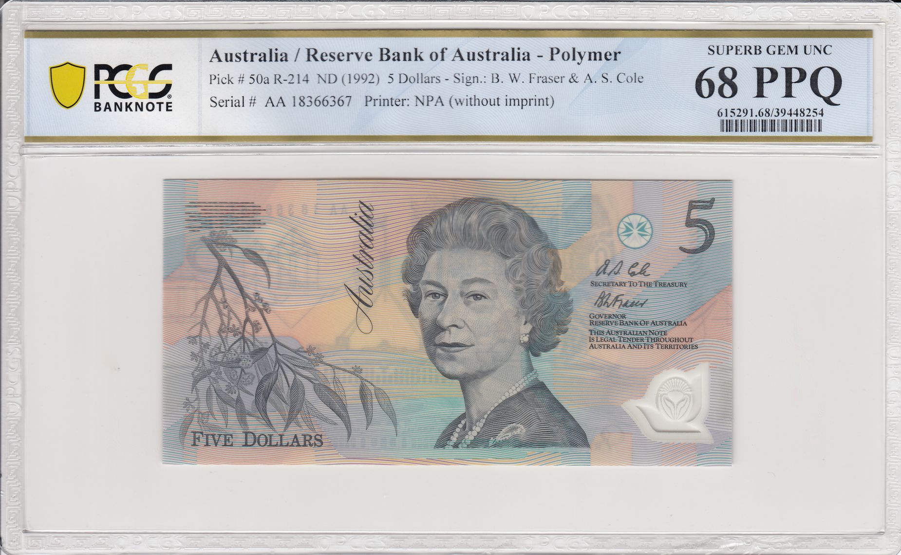 Fraser/Cole, Dark Green Serial, Five Dollar, 1992, PCGS Superb Gem UNC 68 PPQ
