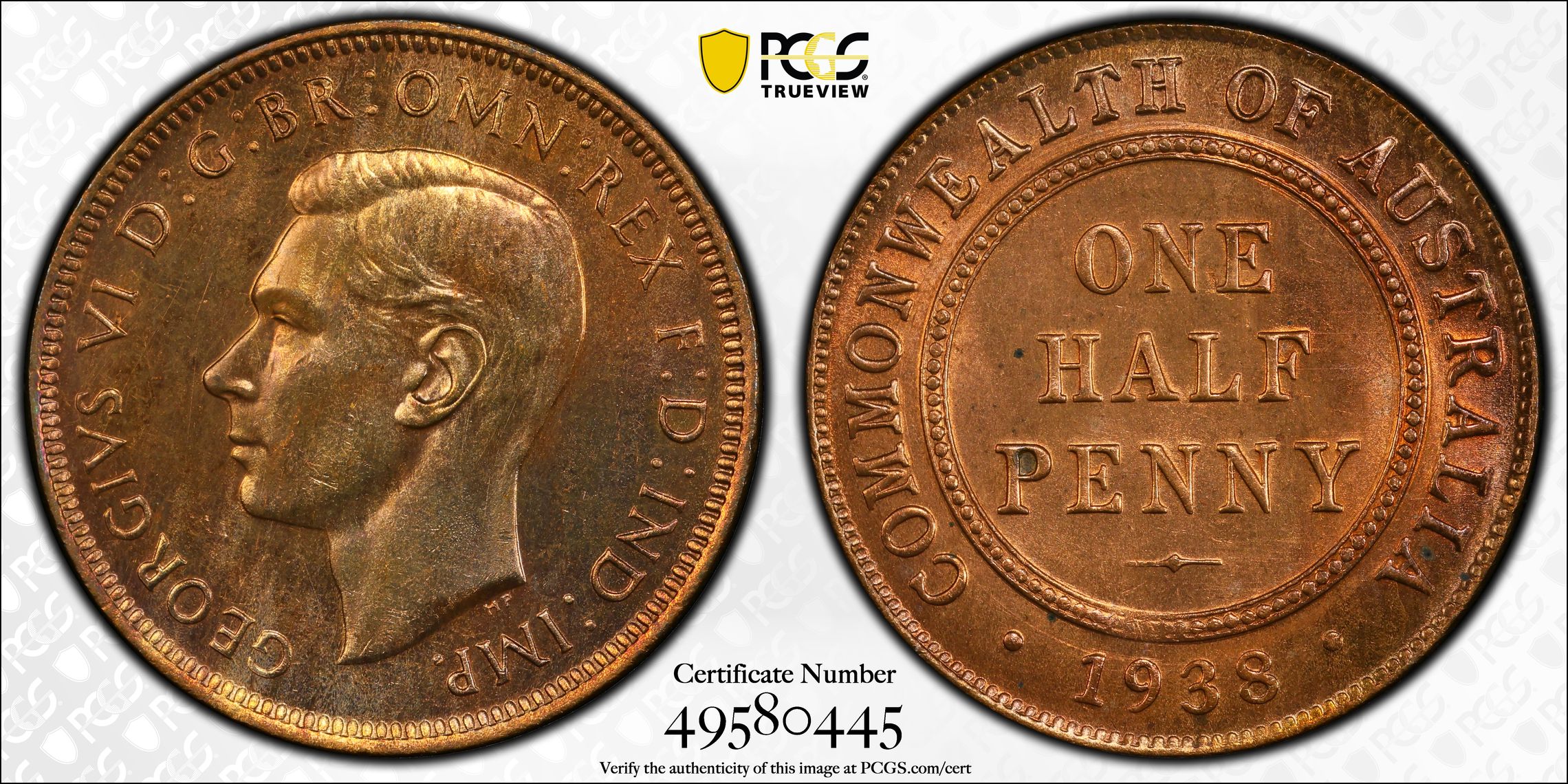 George VI, Halfpenny, 1938, PCGS MS64RB