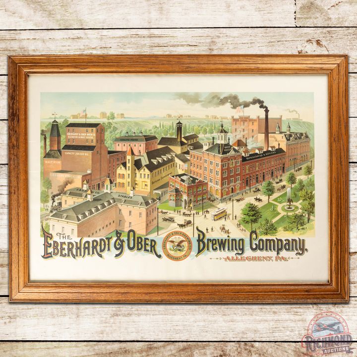 Eberhardt & Ober Brewing Lithograph Sign w/ Wooden Frame Allegheny PA