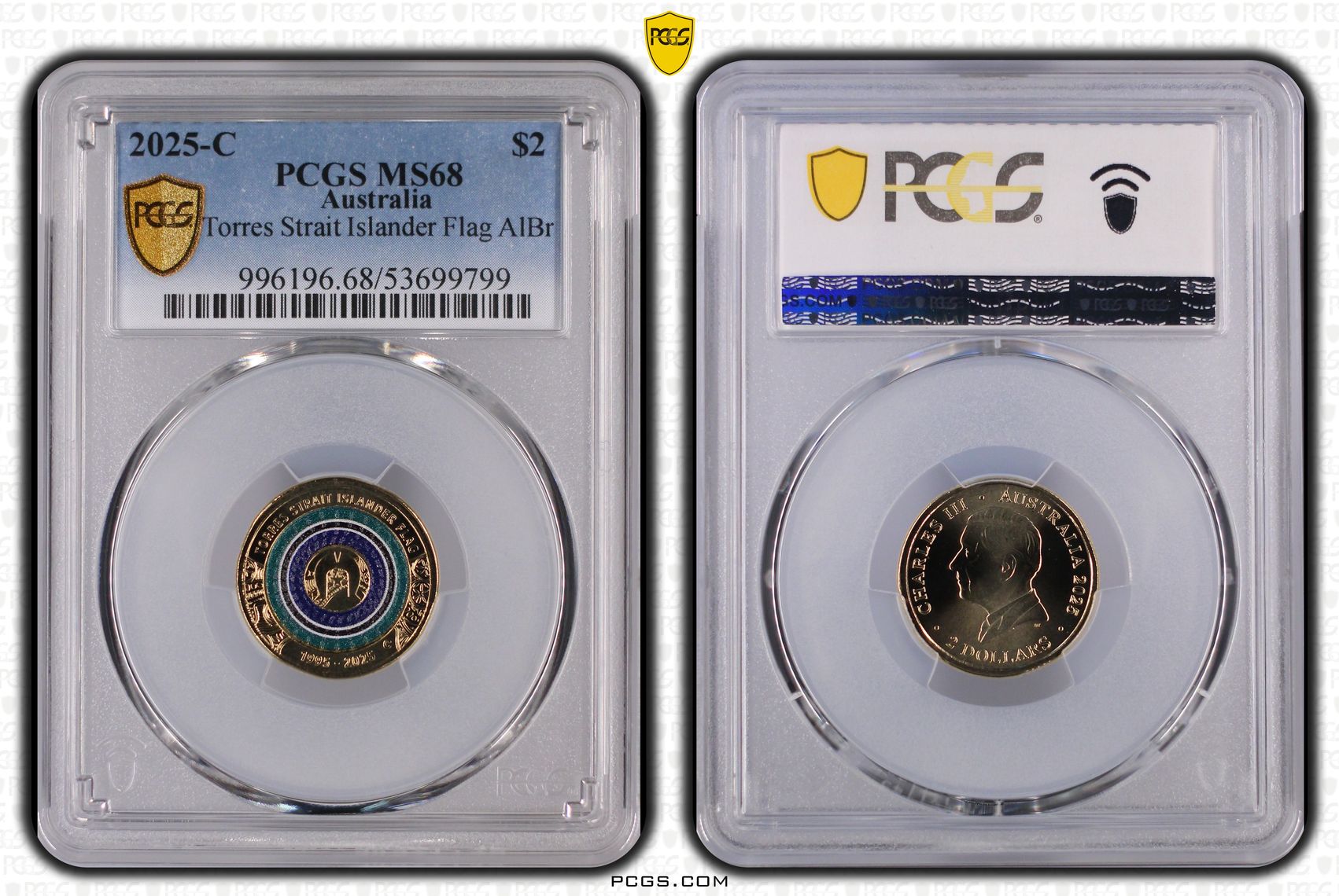 Torres Strait Islander Flag Colourised AlBr, Two Dollar, 2025-C, PCGS MS68