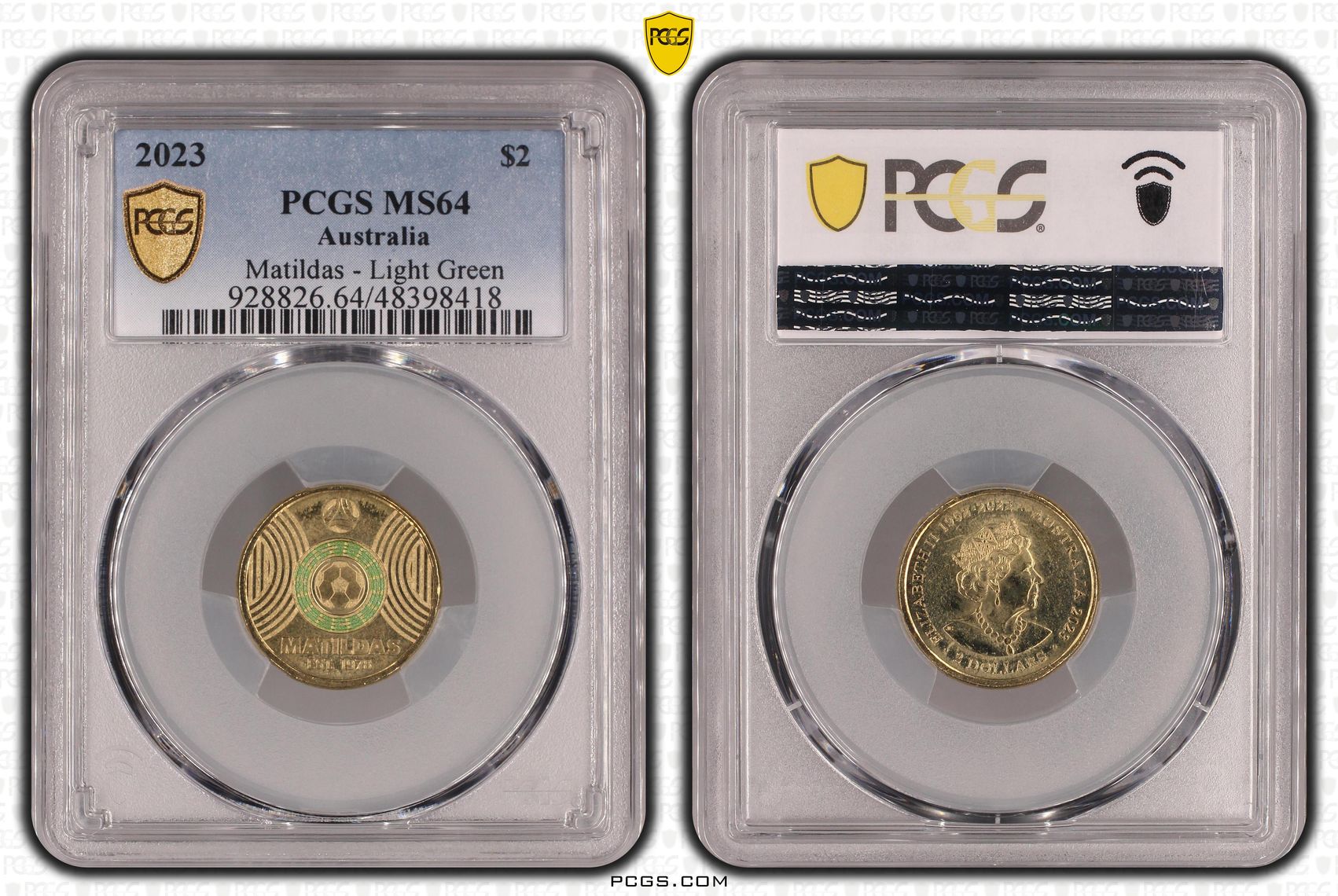 Matildas - Light Green Colorized , Two Dollar, 2023, PCGS MS64