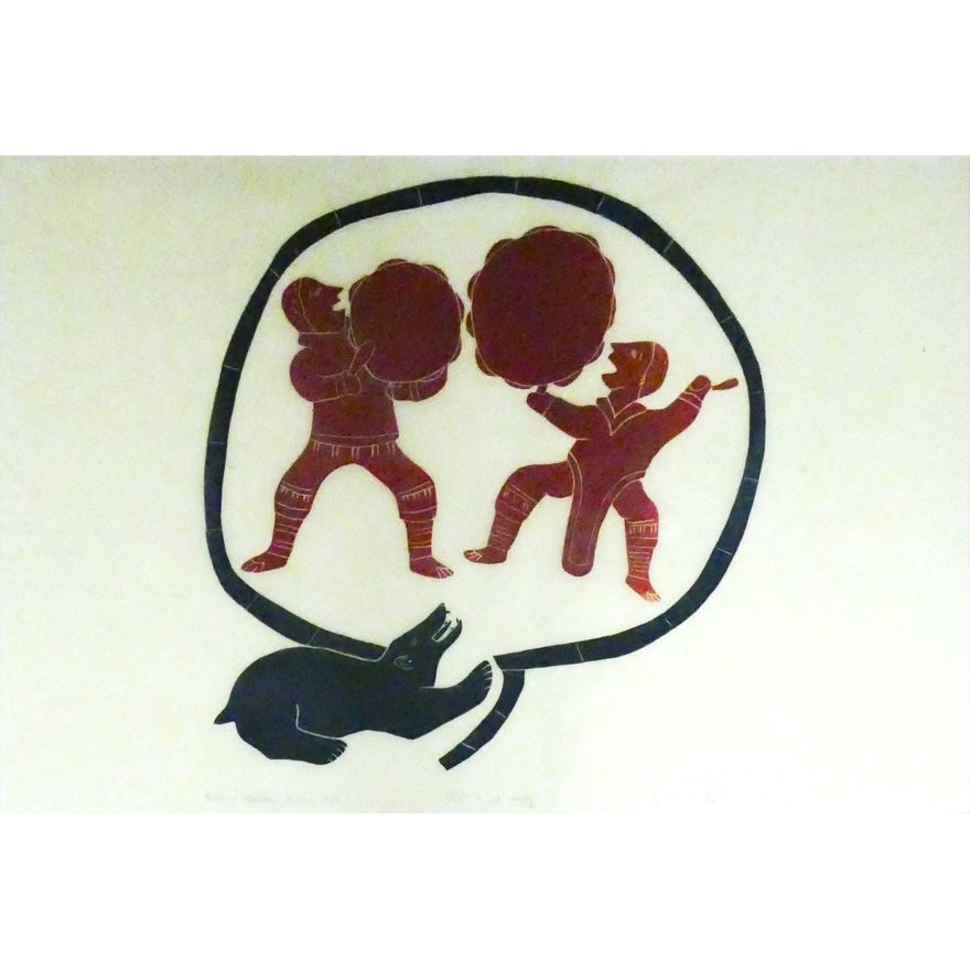 Helen Kalvak ''Don't be so Noisy!'' 1969 Inuit Stonecut Print Framed
