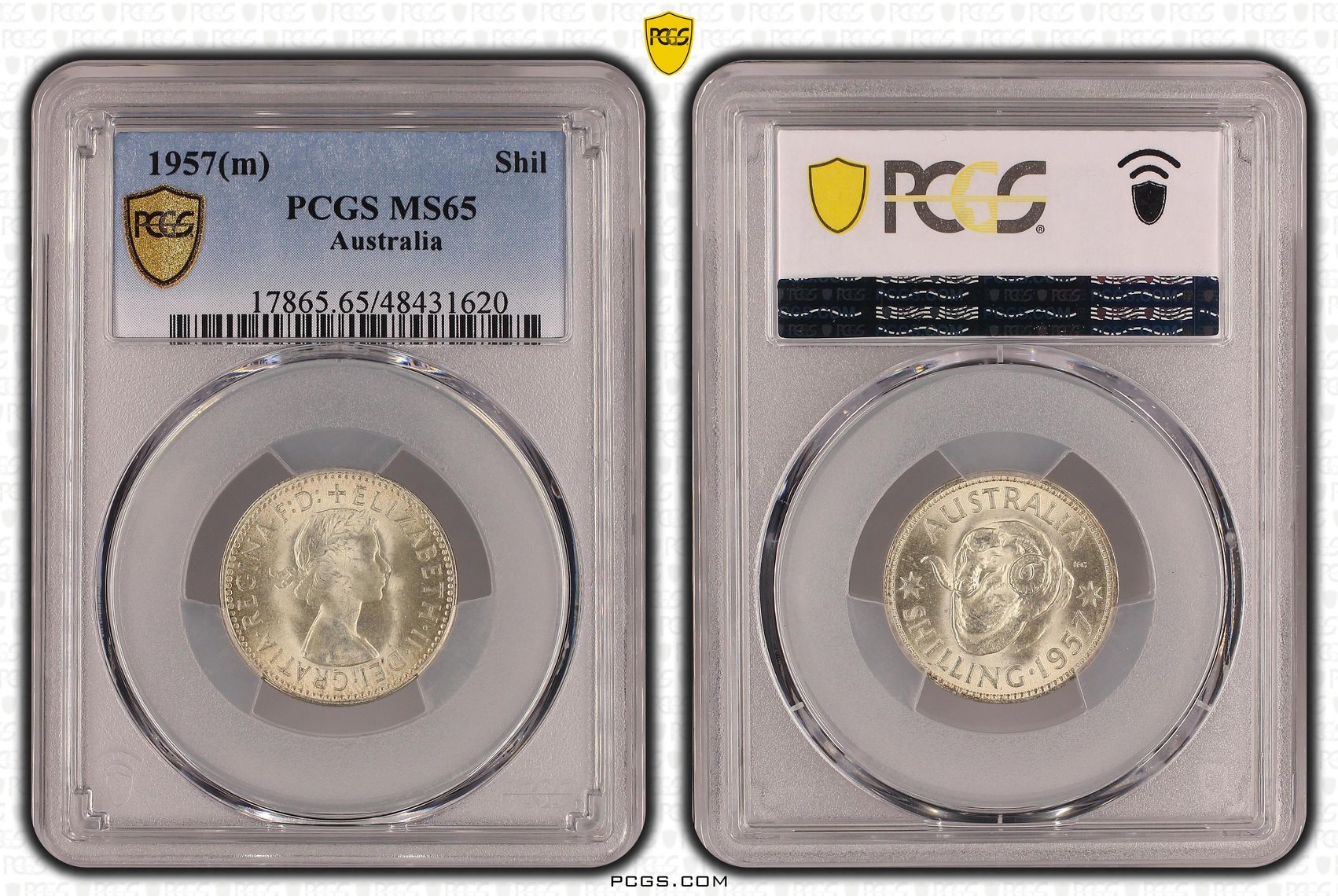 Shilling, 1957(m), PCGS MS 65
