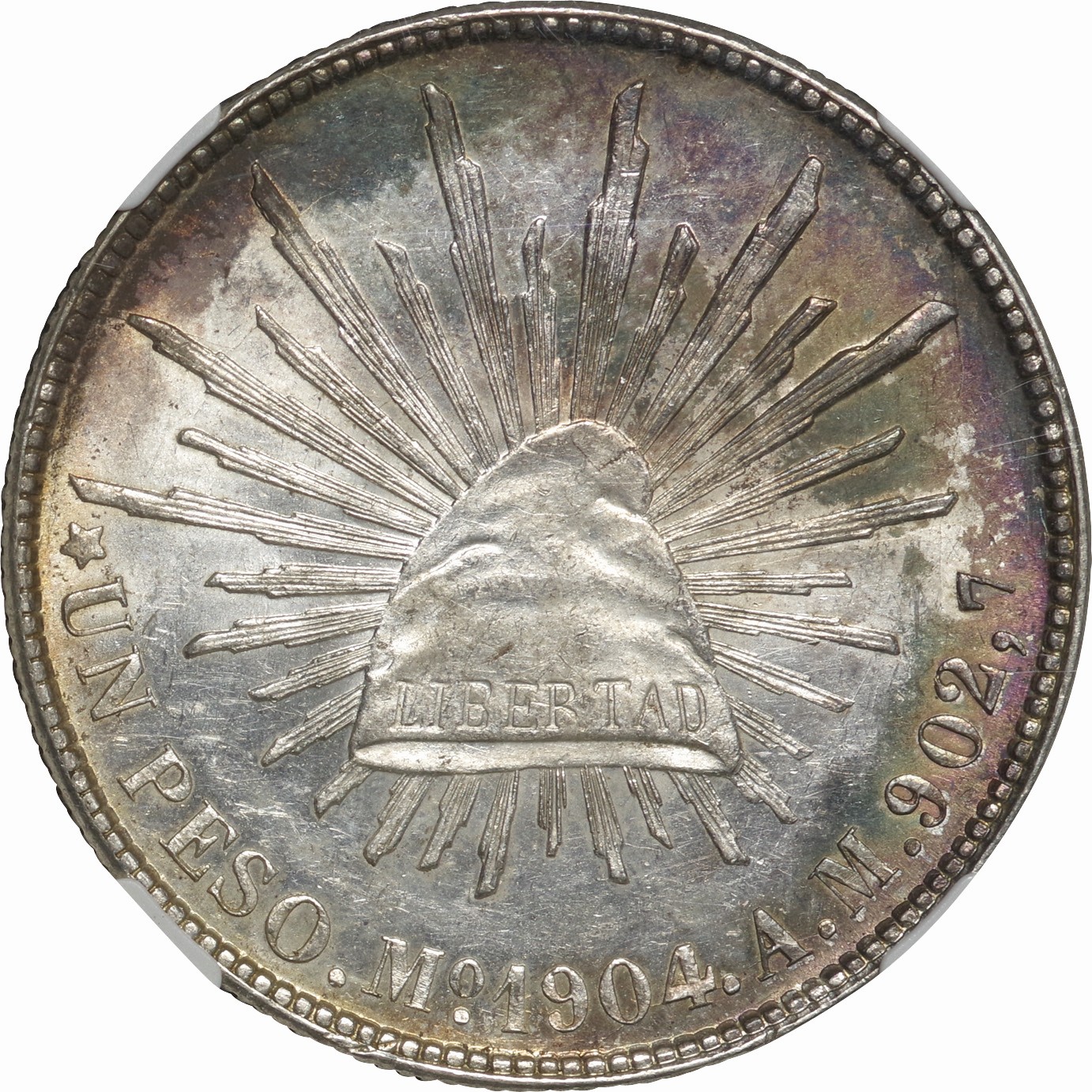 メキシコ-Mexico. NGC MS62. 極美／未. AU. Silver. 1ペソ(Peso). 自由 