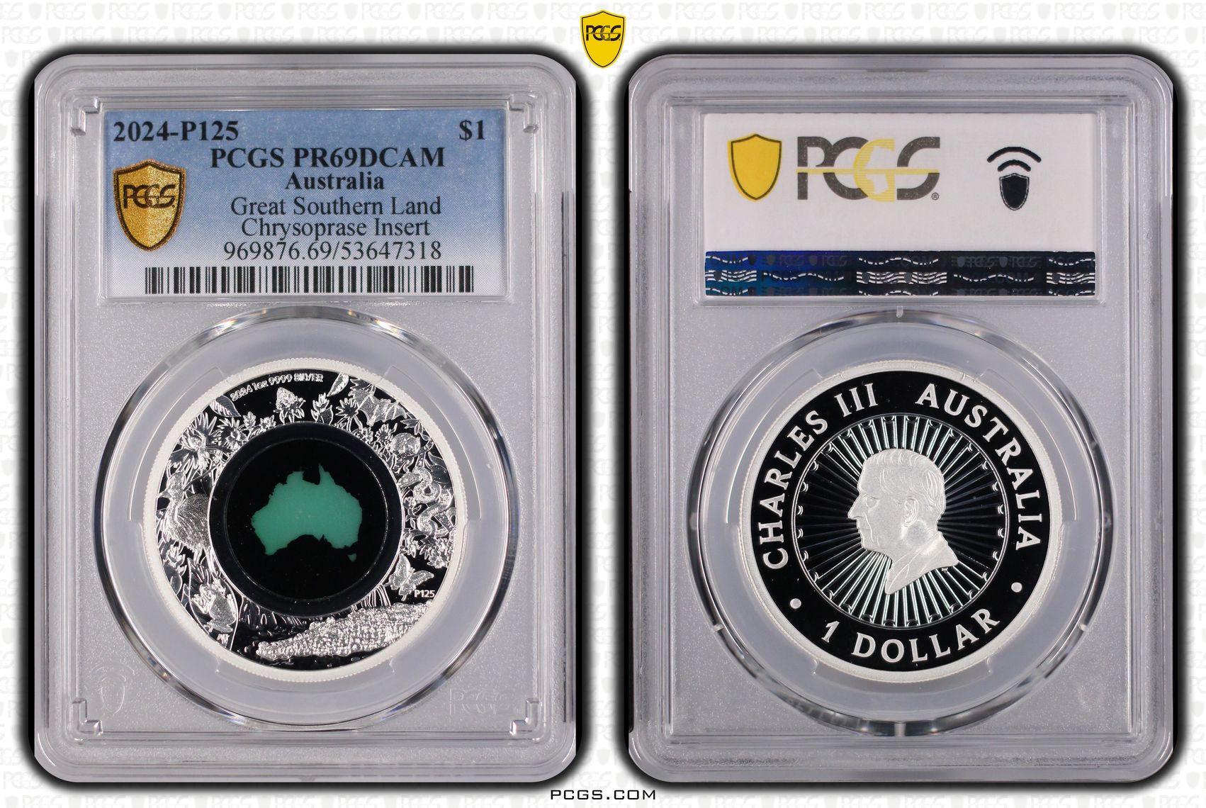 Great Southern Land Chrysoprase Insert, One Dollar, 2024-P125, PCGS PR69DCAM