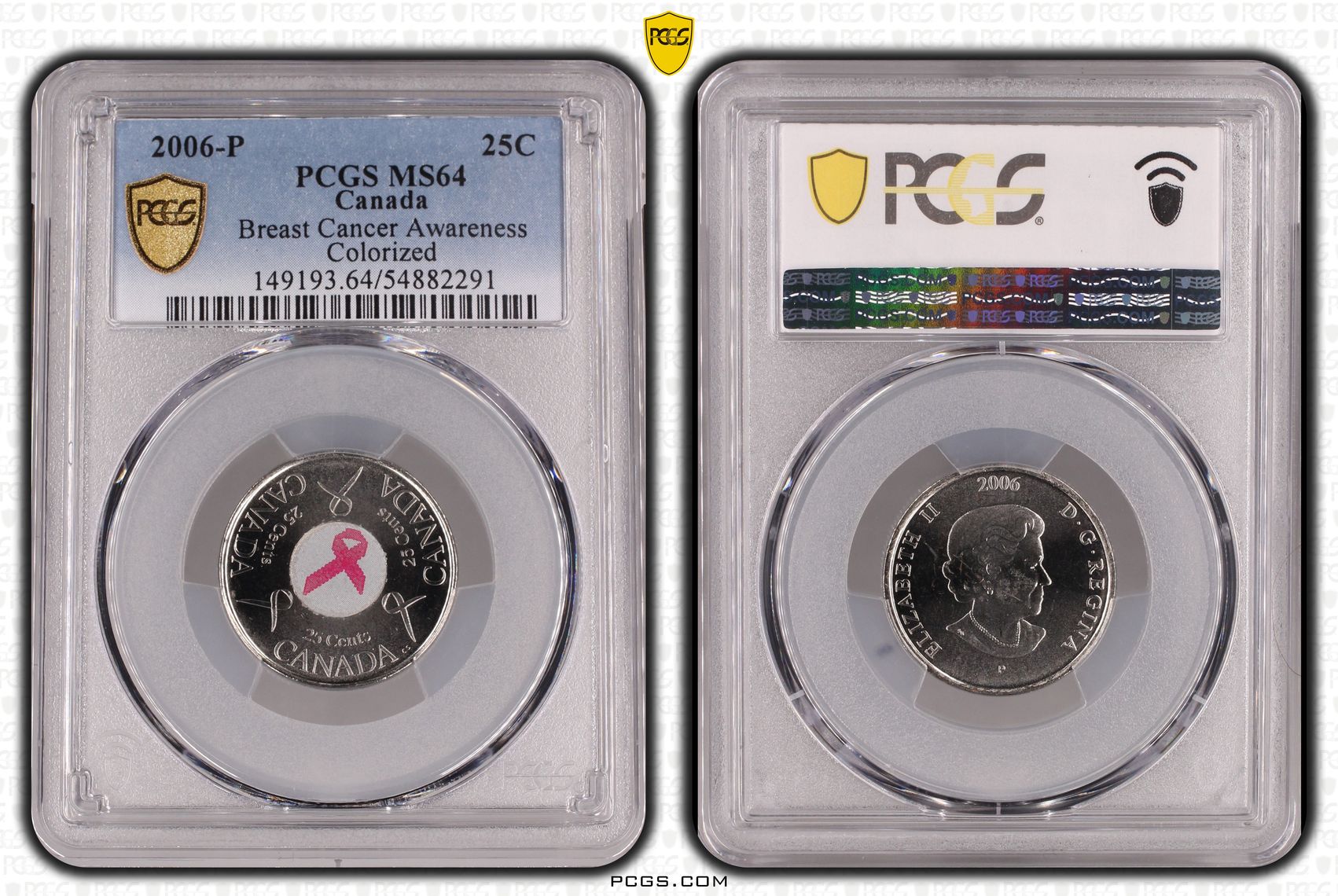 Canada, Breast Cancer Awareness Colorized, Twenty Five Cent, 2006-P, PCGS MS64