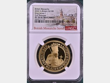 2022 ELIZABETH II 'JAMES I' GOLD 1oz PROOF 100 POUND COIN PF70 UCAM