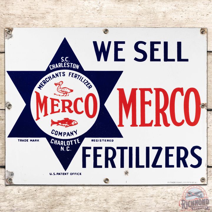 We Sell Merco Merchants Fertilizers SS Porcelain Sign Charleston SC Charlotte NC w/ Logo