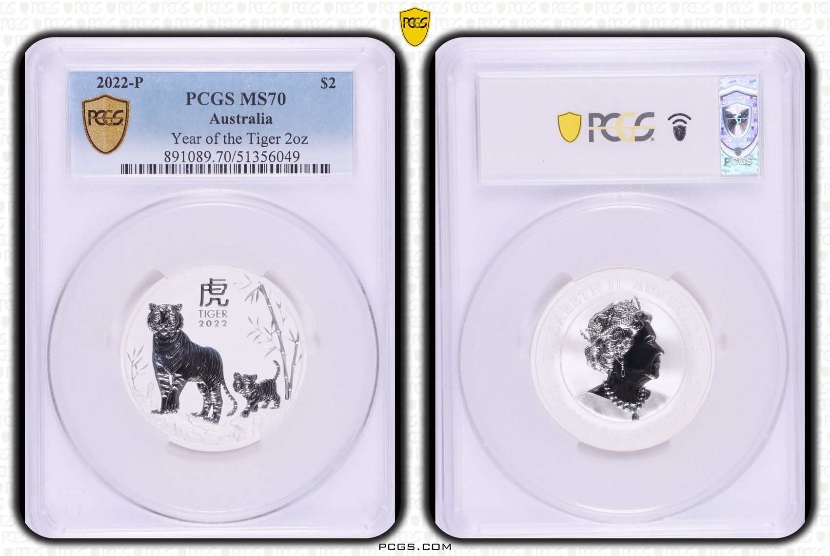 Year of the Tiger 2oz Ag, Two Dollar, 2022-P, PCGS MS70