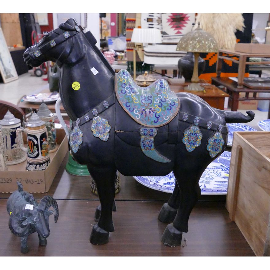 Chinese Cloisonne & Wood Horse Statue- 21''