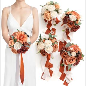 LING'S MOMENT TERRACOTTA ARTIFICIAL FLOWERS BRIDESMAID BOUQUET SET OF 4, BURNT ORANGE WEDDING FLOWERS BOUQUETS FOR BRIDESMAIDS, 7