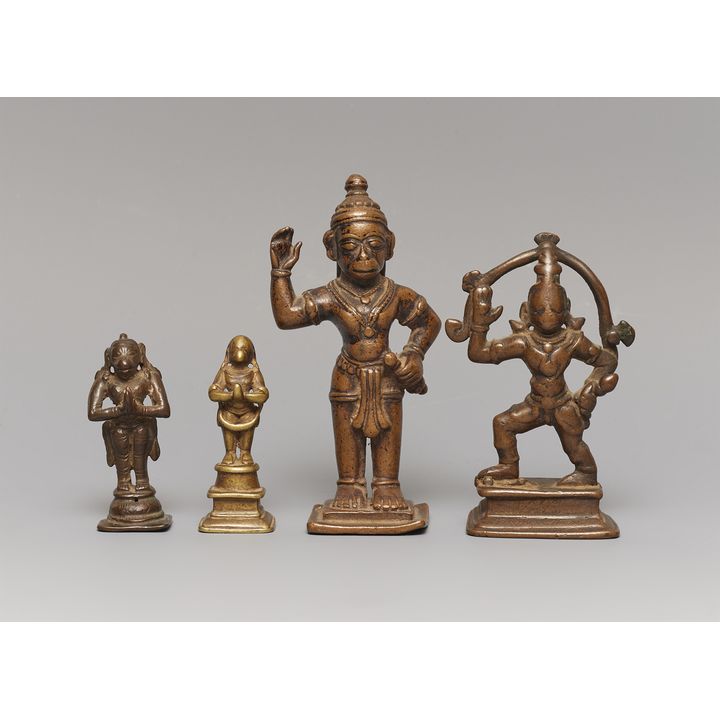 Four Indian copper alloy figures of Hanuman. Various regions. 17/19th century