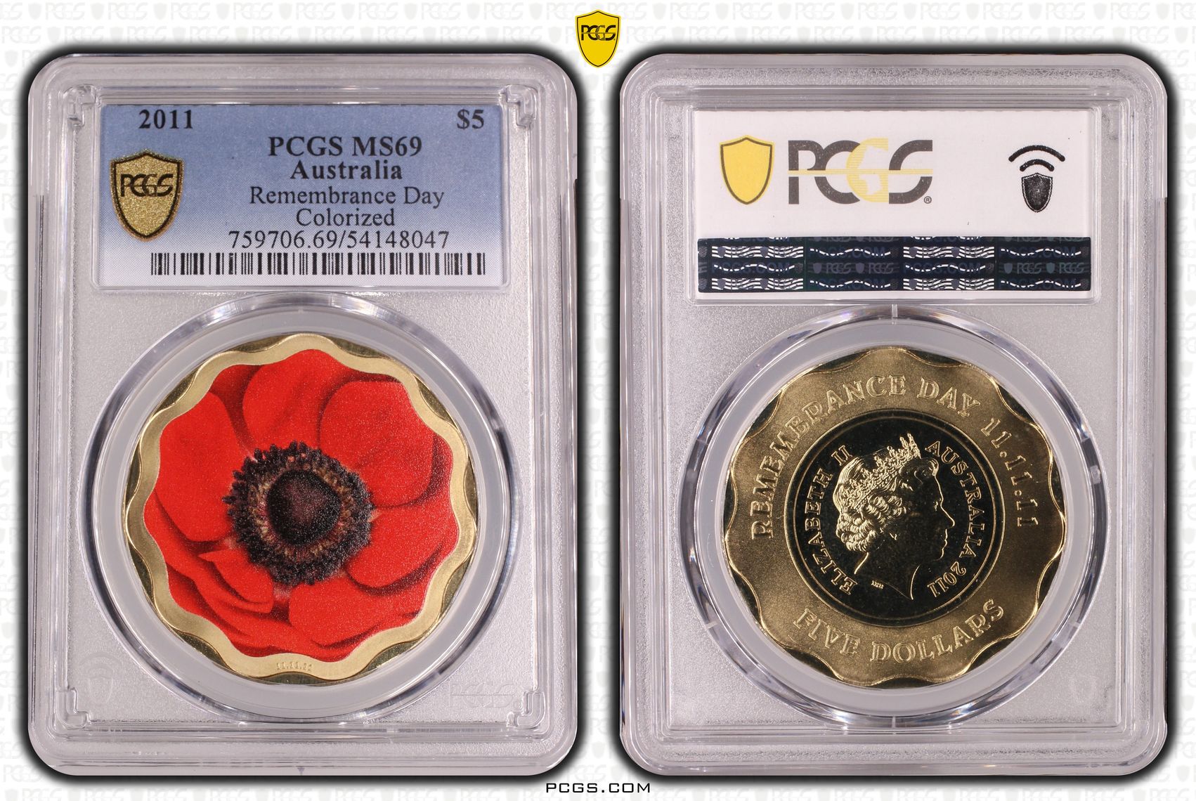 Remembrance Day Colourised, Five Dollar, 2011, PCGS MS69