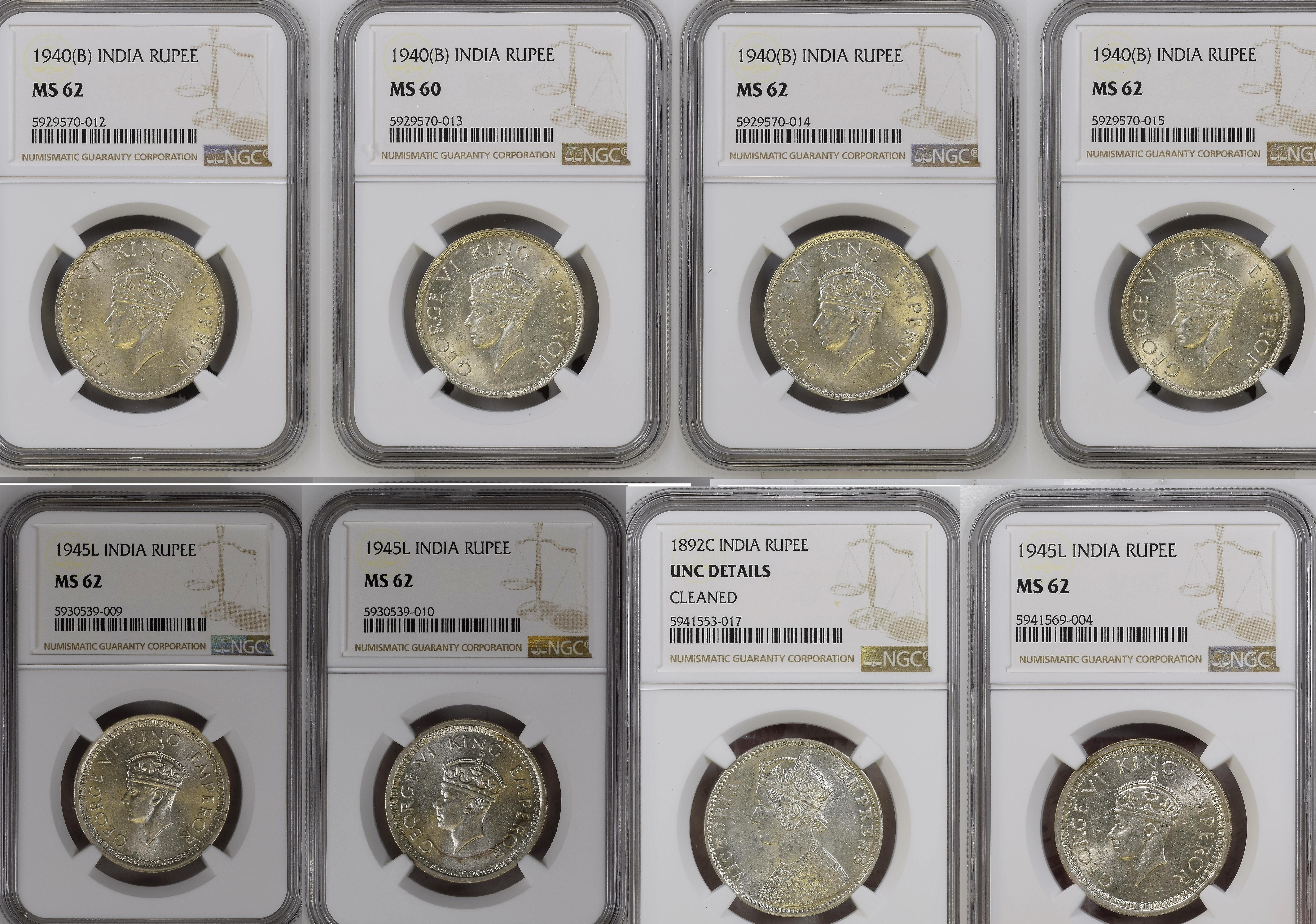 India Lot of 8 silver graded rupees different dates. NGC Details through MS62