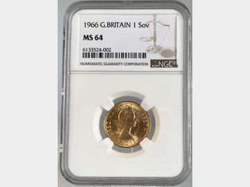 1966 ELIZABETH II PRE-DECIMAL GOLD SOVEREIGN MS64