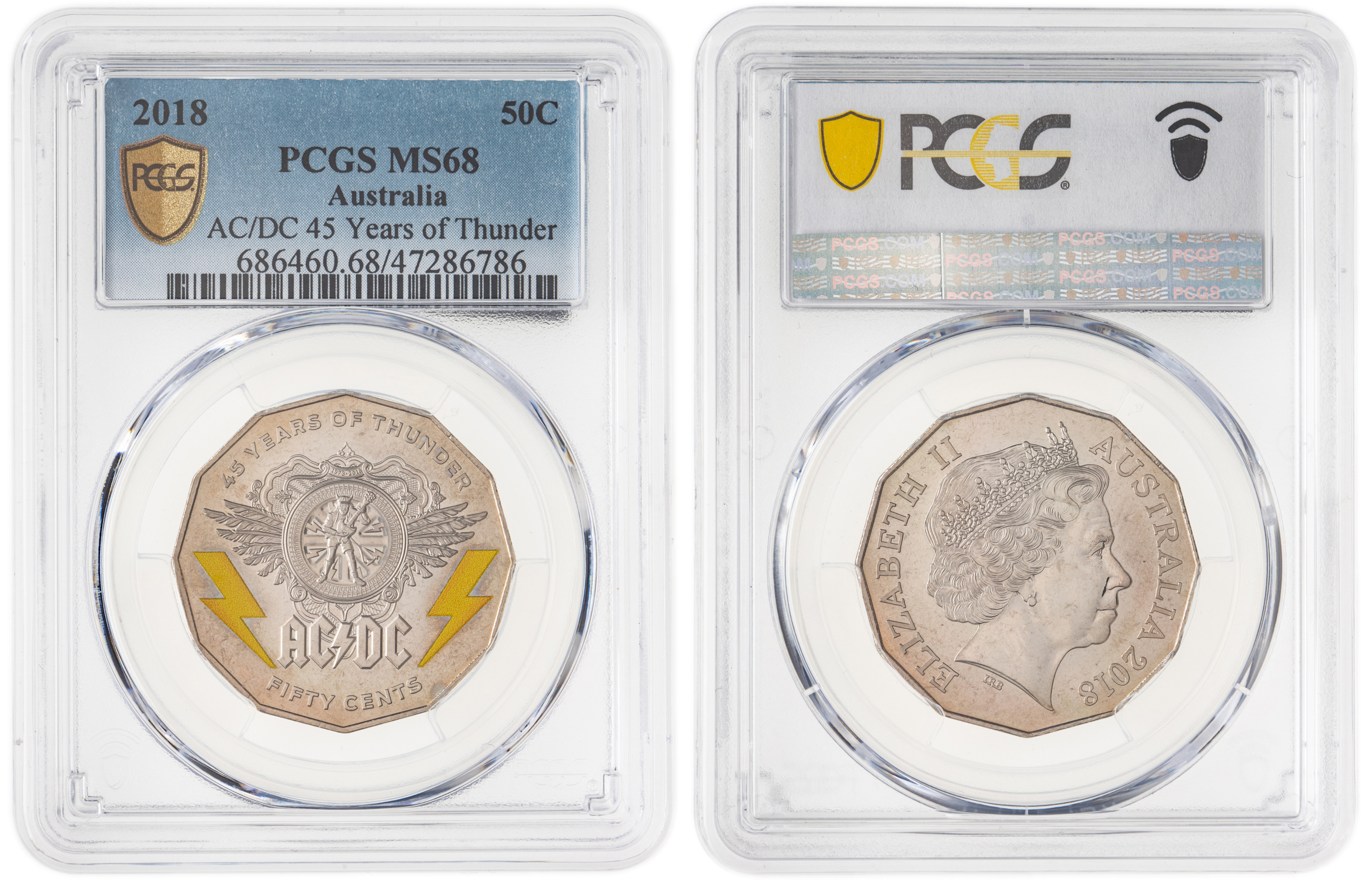 Elizabeth II, AC/DC 45 Years of Thunder, Fifty Cent, 2018, PCGS MS68