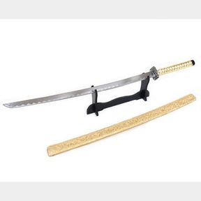 JAPANESE KATANA SWORD + STAND - TRADITIONALLY HAND FORGED CARBON STEEL BLADE - AURERIAN GORUDO (AURELIAN GOLD) - 51230/10099
