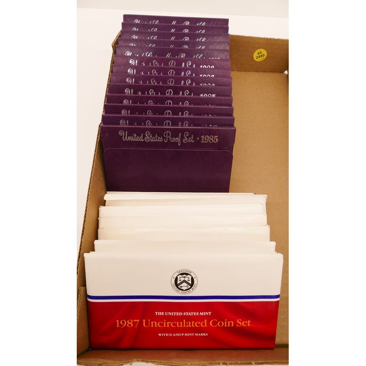 Box US Mint Proof, Proof, and UNC Coin Sets- 1985-88 (22pc)