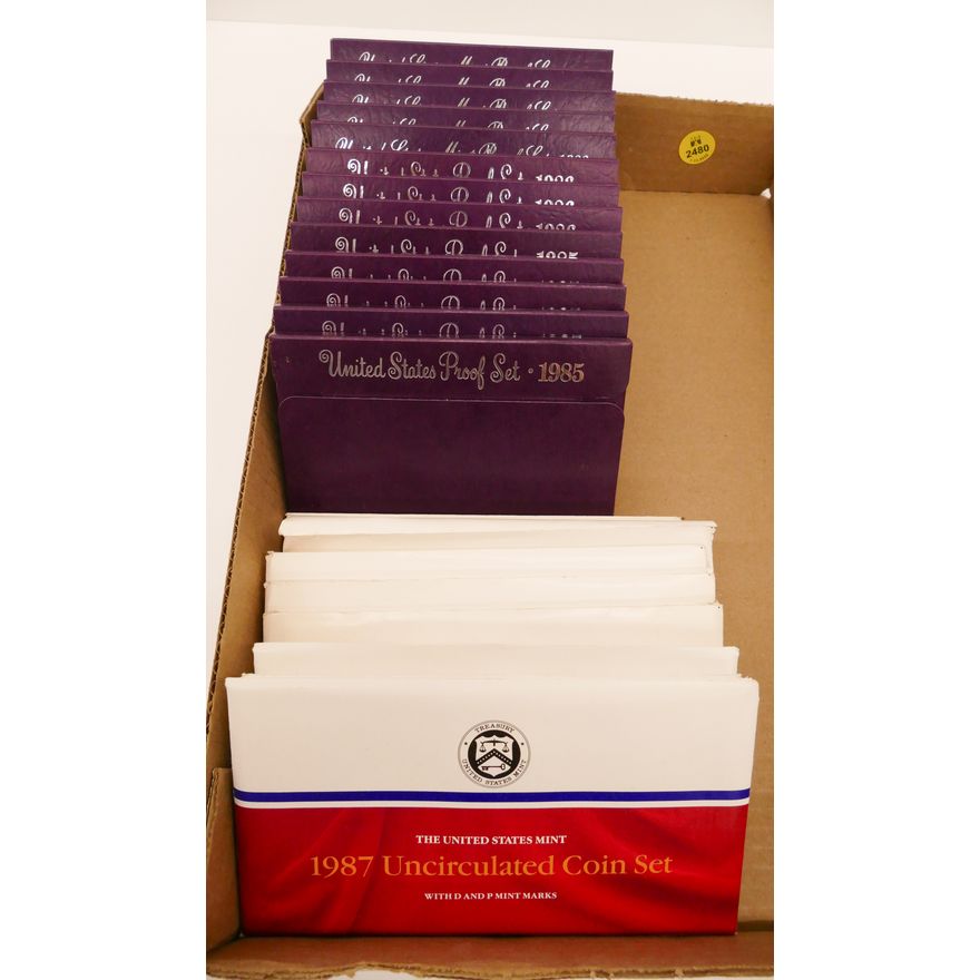 Box US Mint Proof, Proof, and UNC Coin Sets- 1985-88 (22pc)
