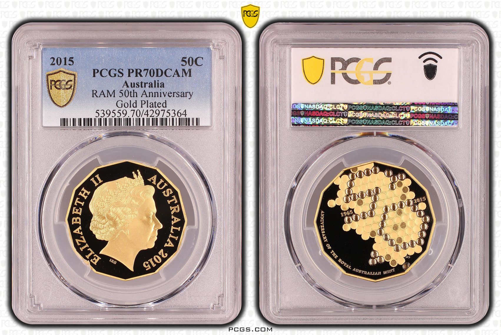 Elizabeth II, RAM 50th Anniversary Gold Plated, Fifty Cent, PR70DCAM , 2015 PCGS POP - 63/0