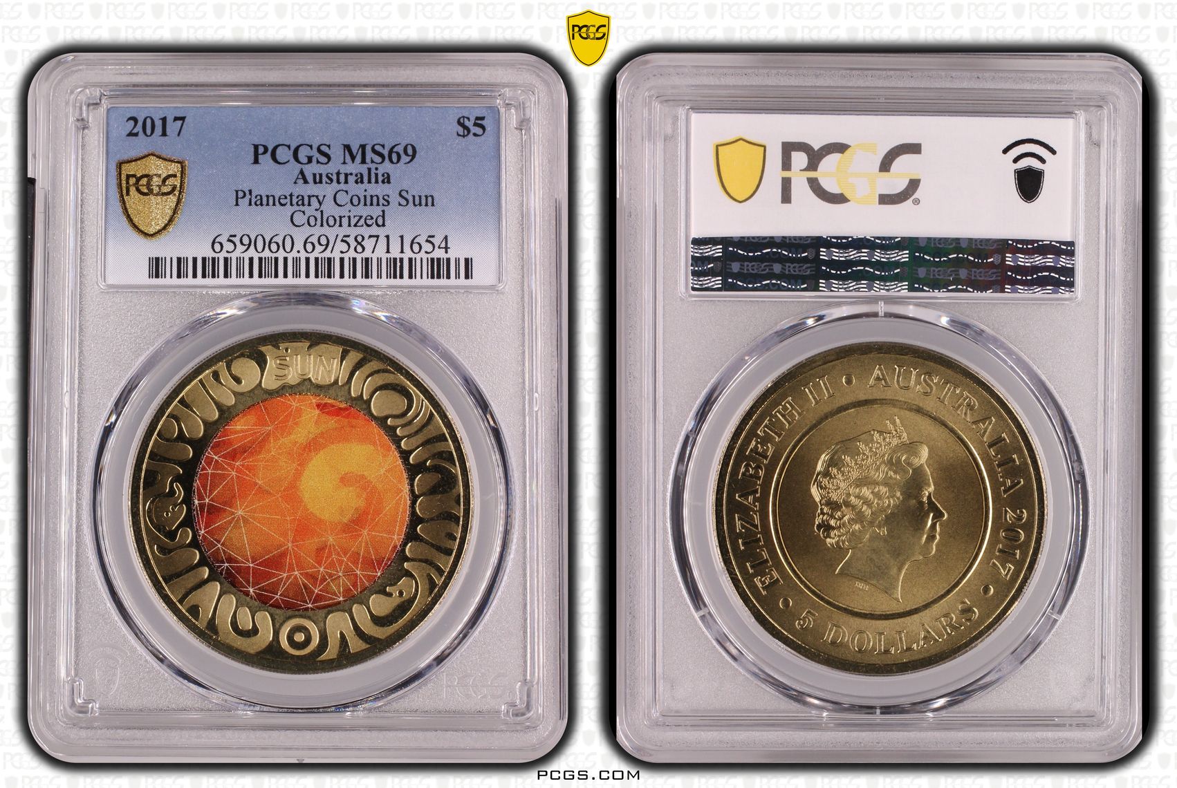 Planetary Coins Sun Colourised, Five Dollar, 2017, PCGS MS69
