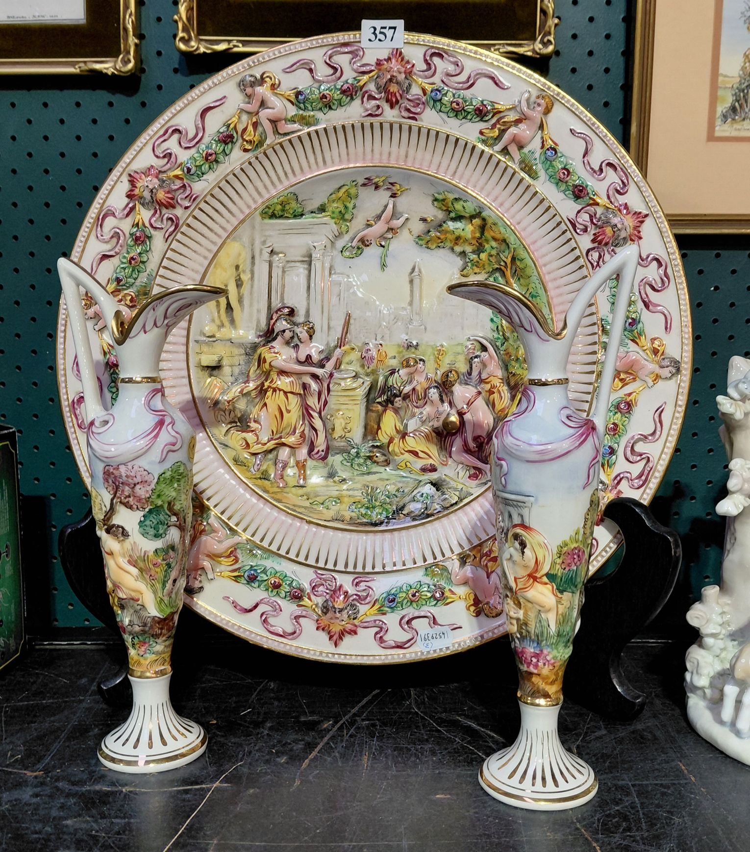 357 · CAPODIMONTE ITALY CHARGER AND VASES