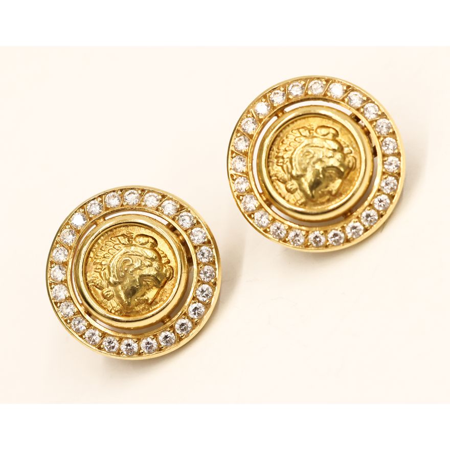 Pair 14k Diamond Greek Coin Earrings