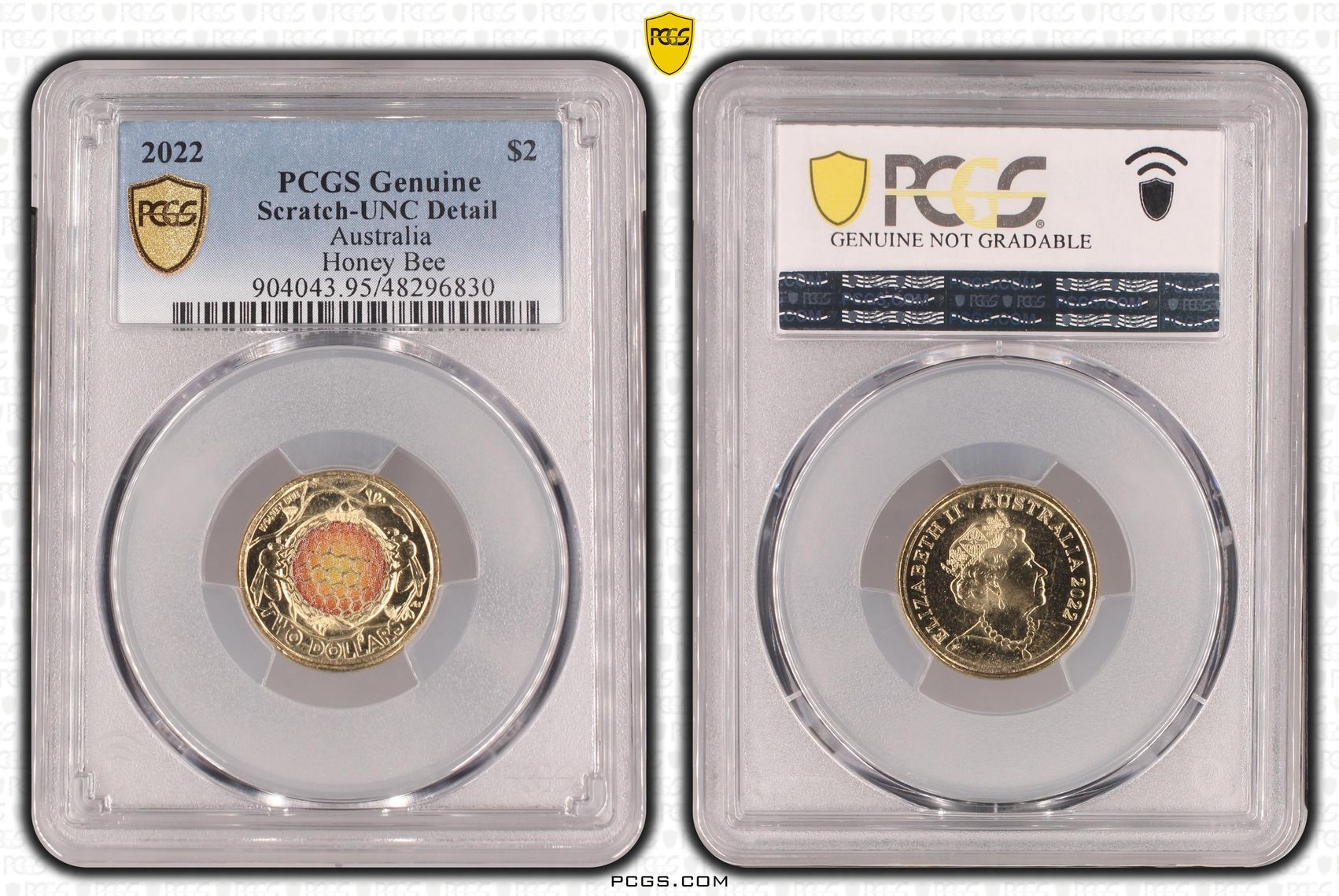 Honey Bee Colourised, Two Dollar, 2022, PCGS Genuine - UNC Details (95 - Scratch)
