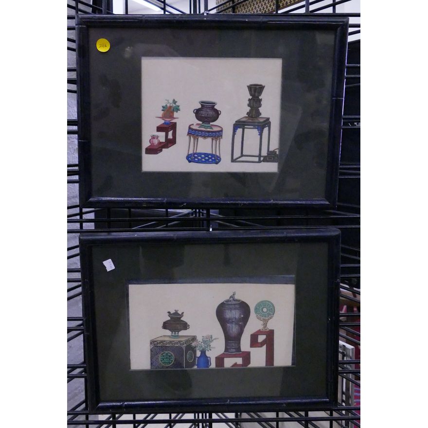 Pair Antique Chinese Pith Paper Paintings Framed- 11x15''