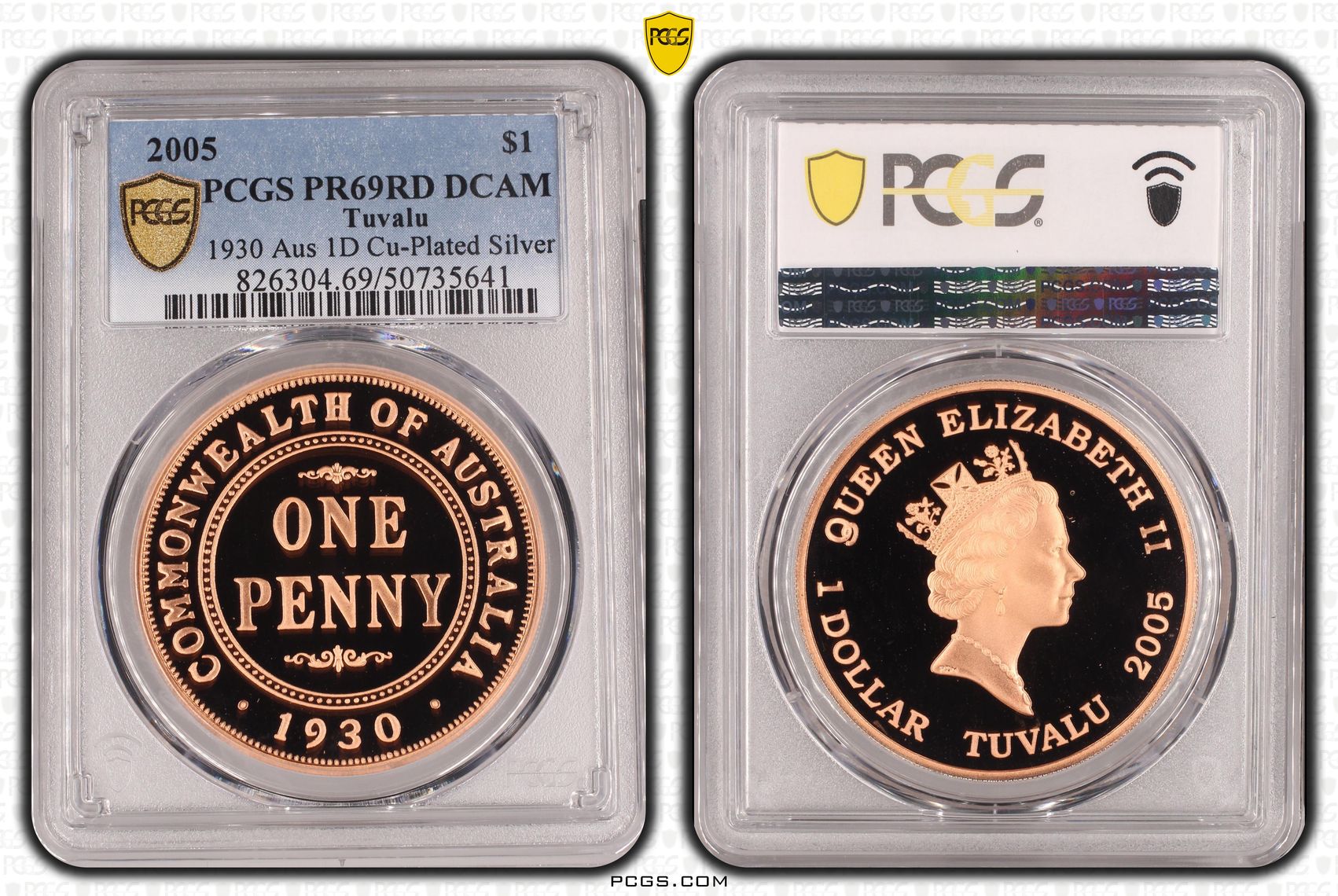 Tuvalu, 1930 Aus 1D Cu-Plated Silver POP 5/0, One Dollar, 2005, PCGS PR69DCAM