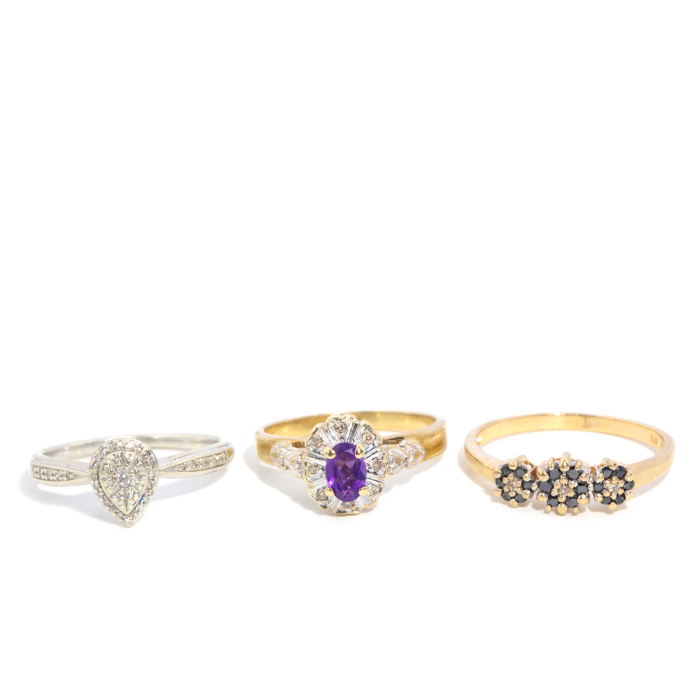 171 · Three Diamond & Amethyst 9ct Gold Rings