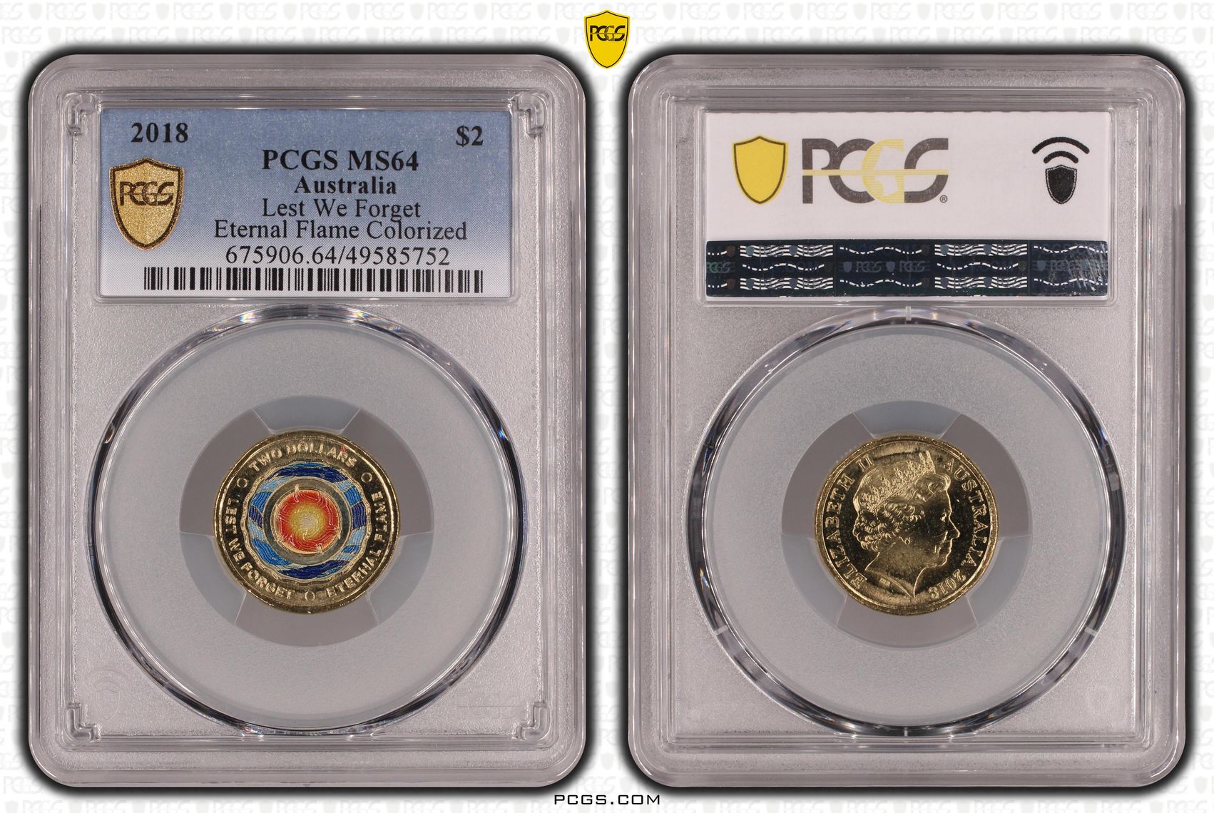 401 · Lest We Forget - Eternal Flame Colorized , Two Dollar, 2018, PCGS MS64