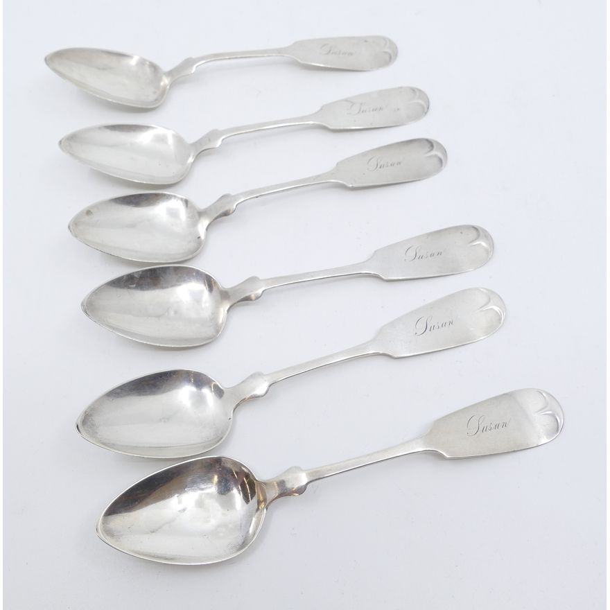 6pc American Coin Silver Tea Spoons Inscribed 'Susan'- 6'' each- 89g TW