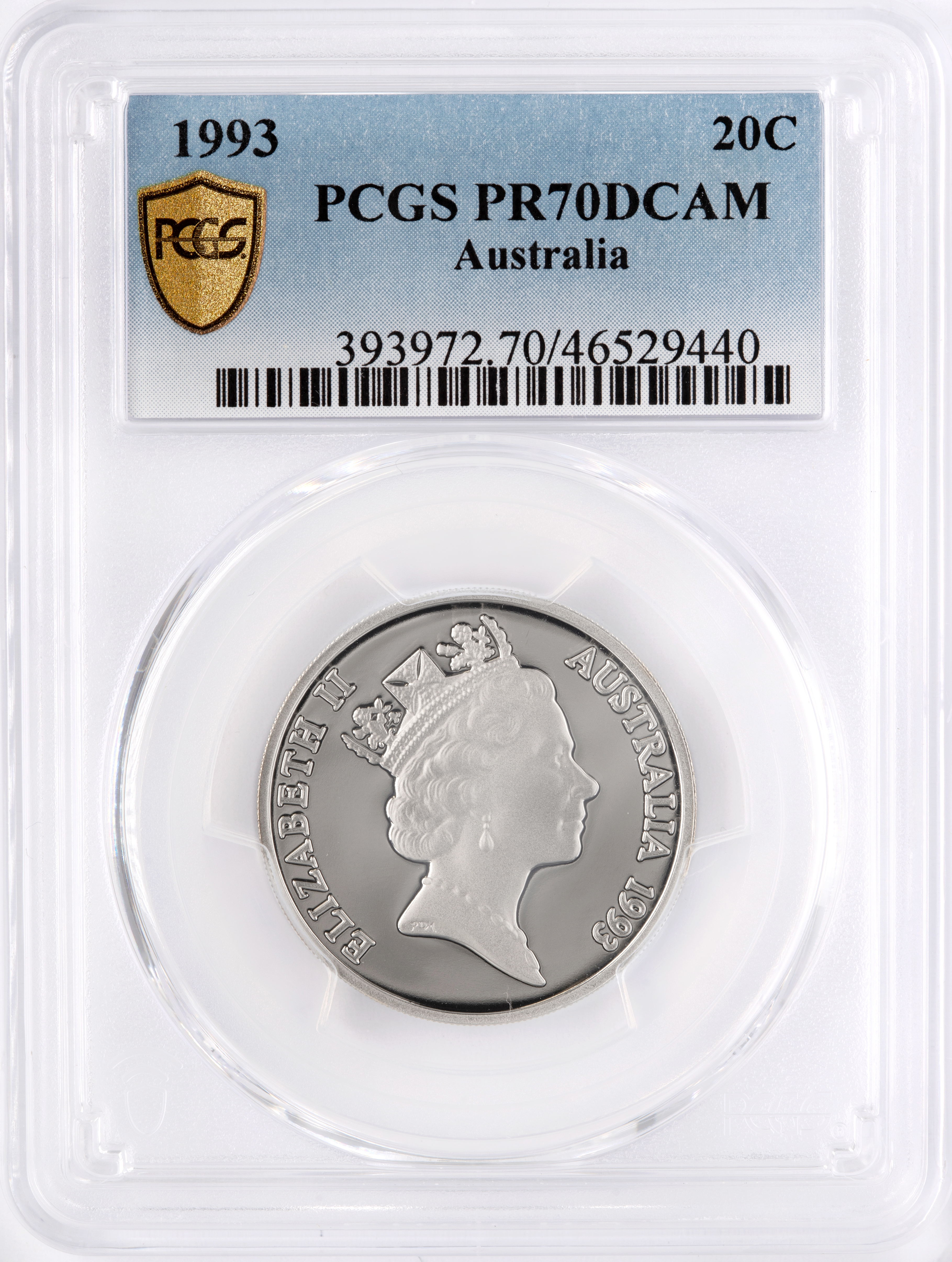 Top pop, Twenty Cent, 1993, PCGS PR70DCAM