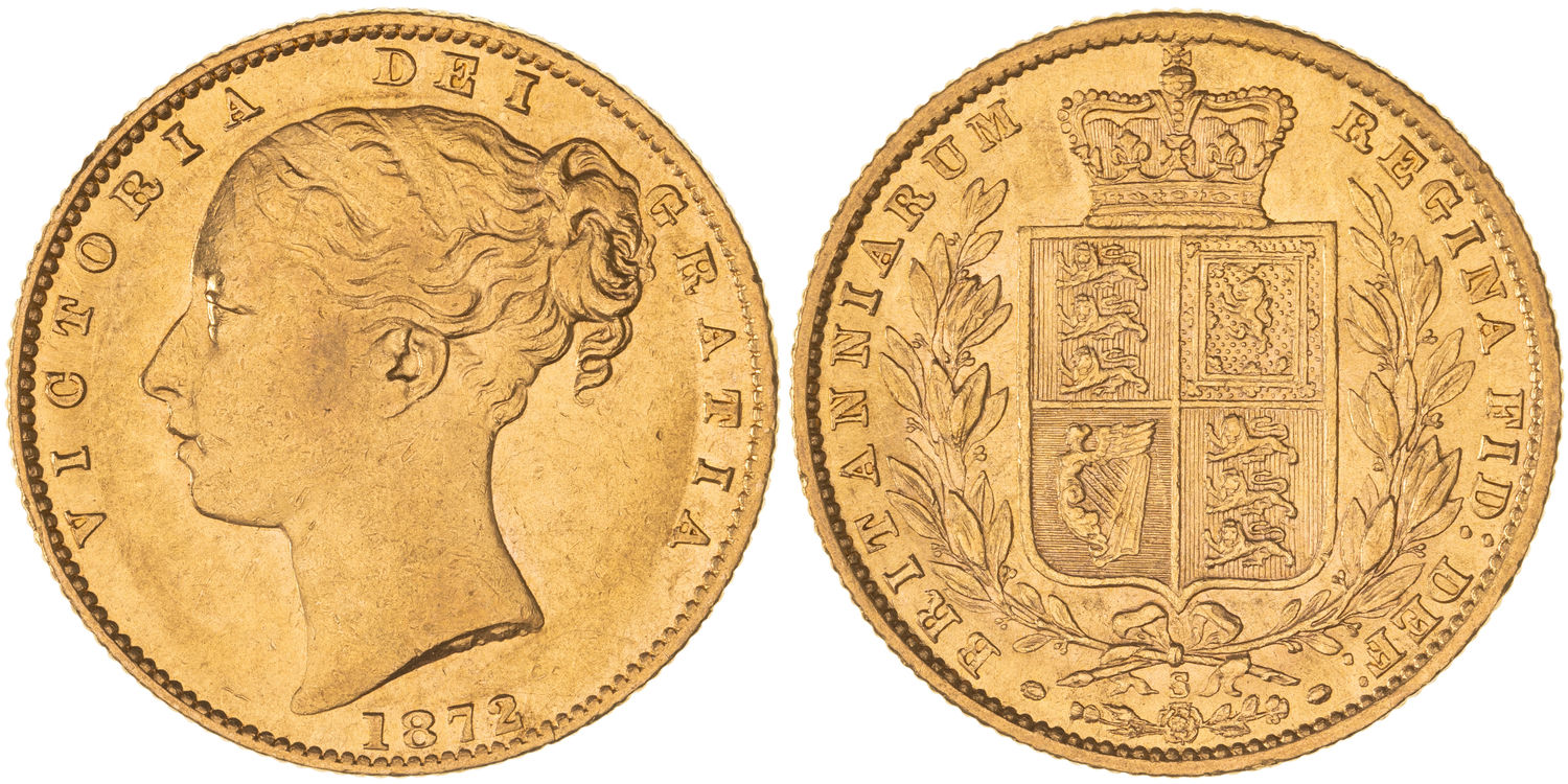 Victoria, Shield Reverse - Young Head Type, Sovereign, 1872-S, aVF