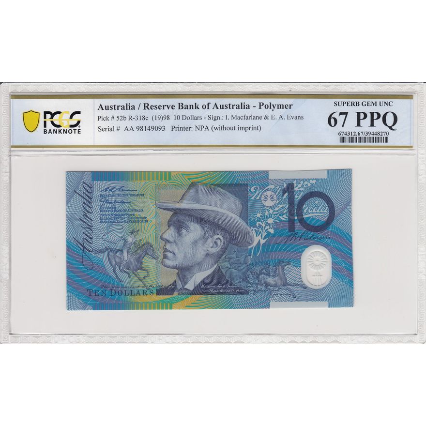 Macfarlane/Evans, Ten Dollar, 1998, PCGS Superb Gem UNC 67 PPQ