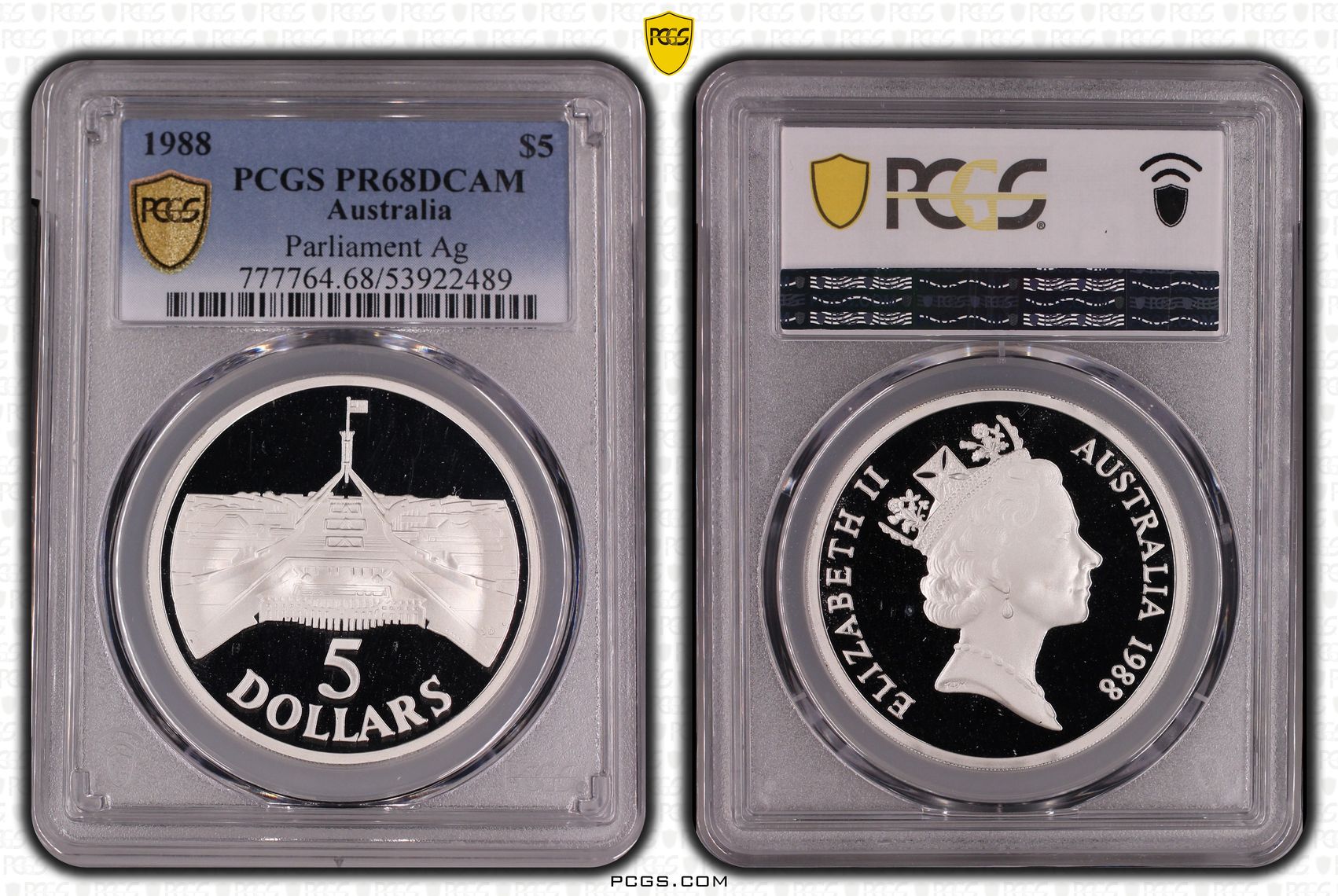 Parliament Silver, Five Dollar, 1988, PCGS PR68DCAM