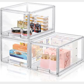3 PACKS LARGE PLASTIC STACKABLE STORAGE DRAWERS, DILIBRA CLEAR STORAGE BINS ORGANIZER WITH PULL OUT DRAWER FOR KITCHEN CABINET PAN