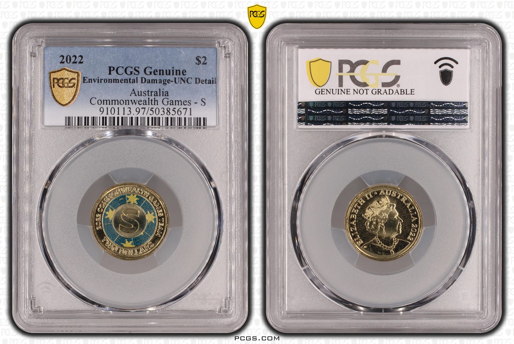 Elizabeth II, Commonwealth Games - S, Two Dollar, 2022, PCGS Genuine - UNC Details (97 - Environmental Damage)