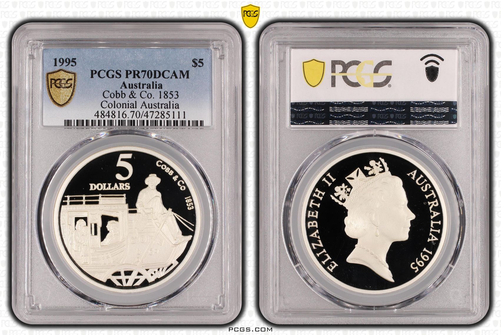 Elizabeth II, Cobb & Co. 1853 - Colonial Australia, Pop 10/0, Five Dollar, 1995, PCGS PR70DCAM