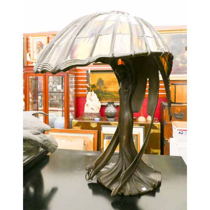 After Peter Behrens Art Nouveau Style 'Flying Lady' Leaded Glass Table Lamp- 29x22''