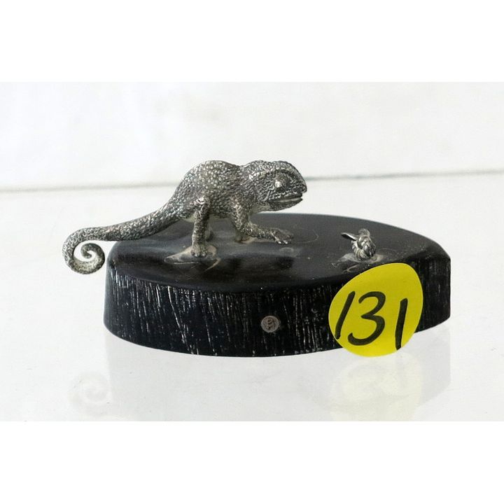 A BOXED STERLING SILVER SCULPTURE OF A  CHAMELEON STALKING A FLY, maker Patrick Mavros,