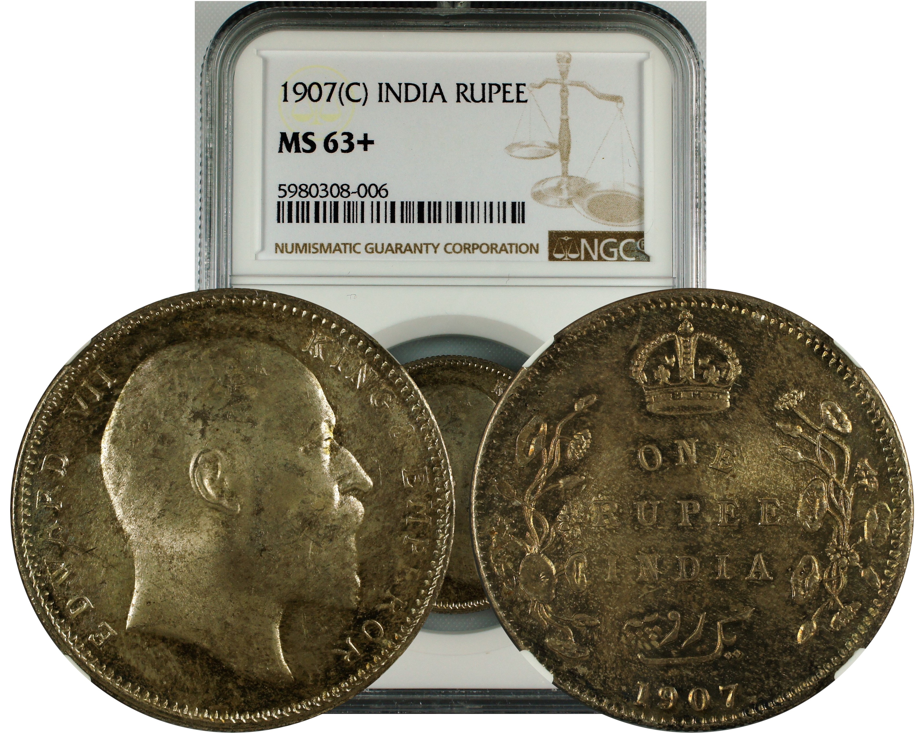 India British 1907 C Rupee NGC MS64