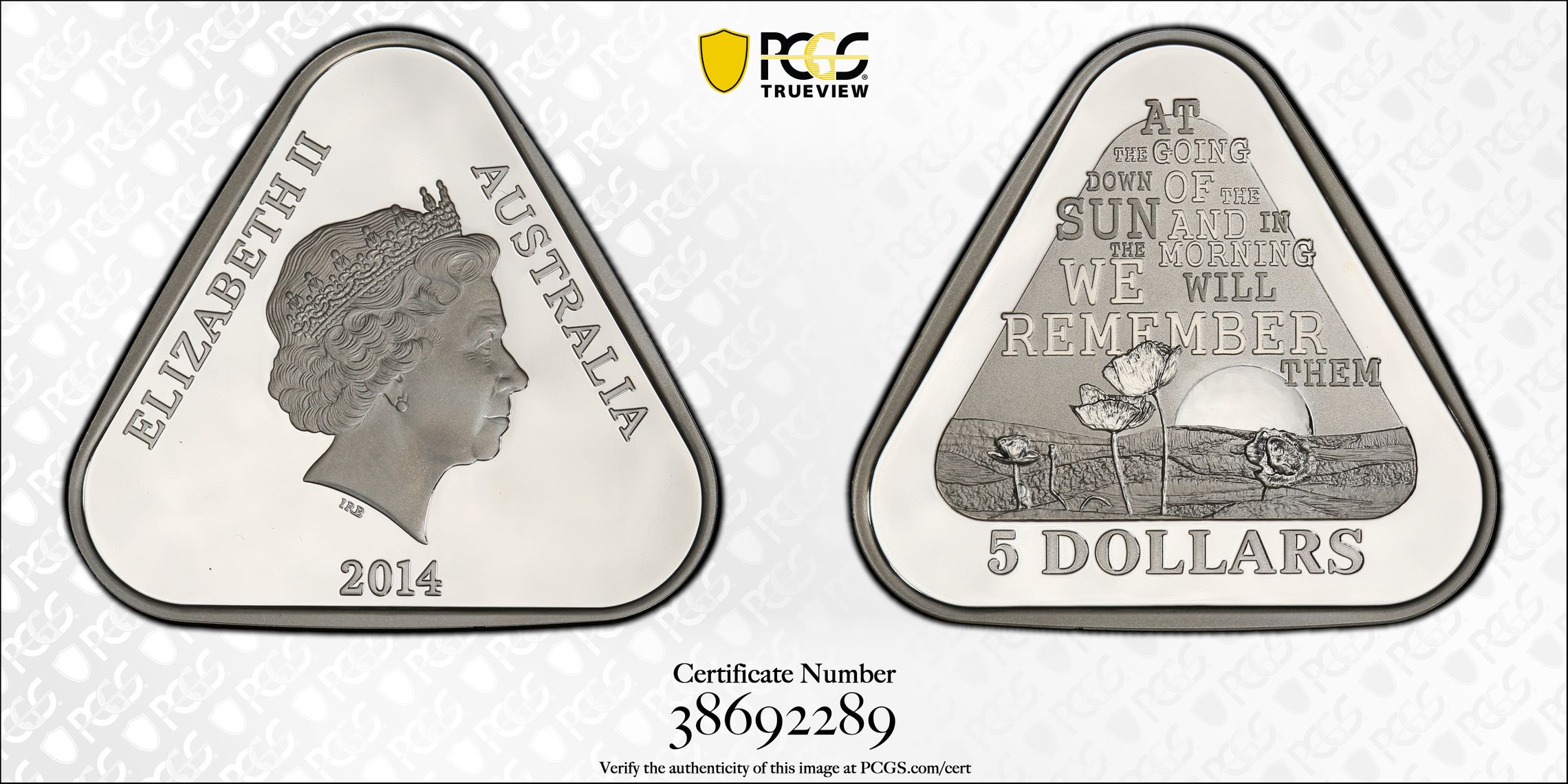 2014 Australia Five Dollar, $5 Silver Proof First World War PCGS - PR68DCAM -289