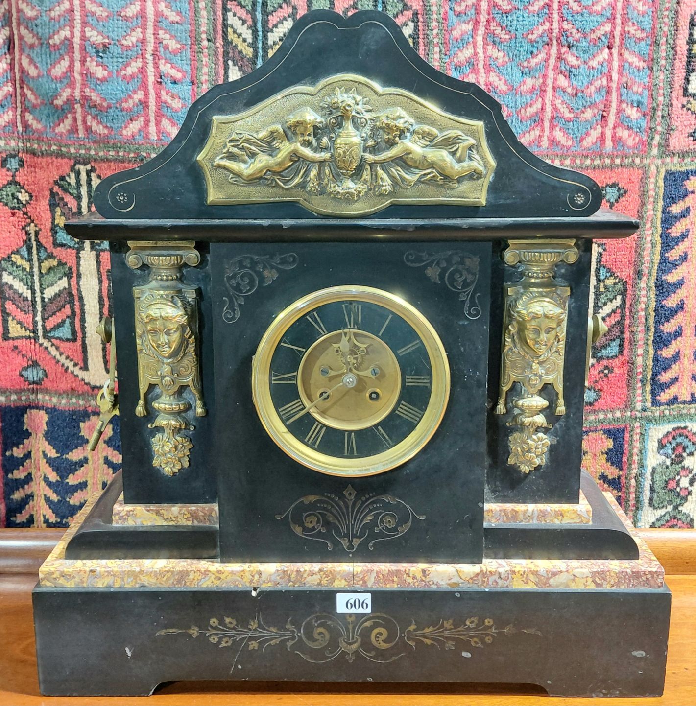 606 · FRENCH SLATE AND MARBLE MANTLE CLOCK